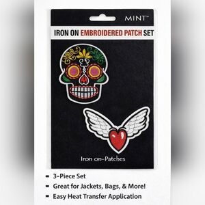 Embroidered Iron-On Patch Set – Sugar Skull & Winged Heart-2 Piece
